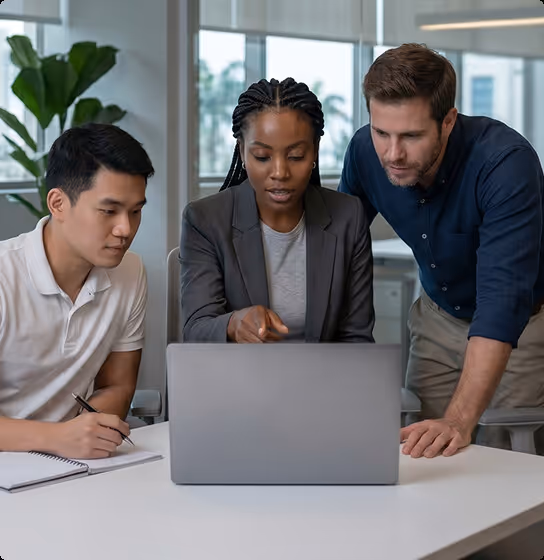 Colleagues collaborating around a laptop during a training session
