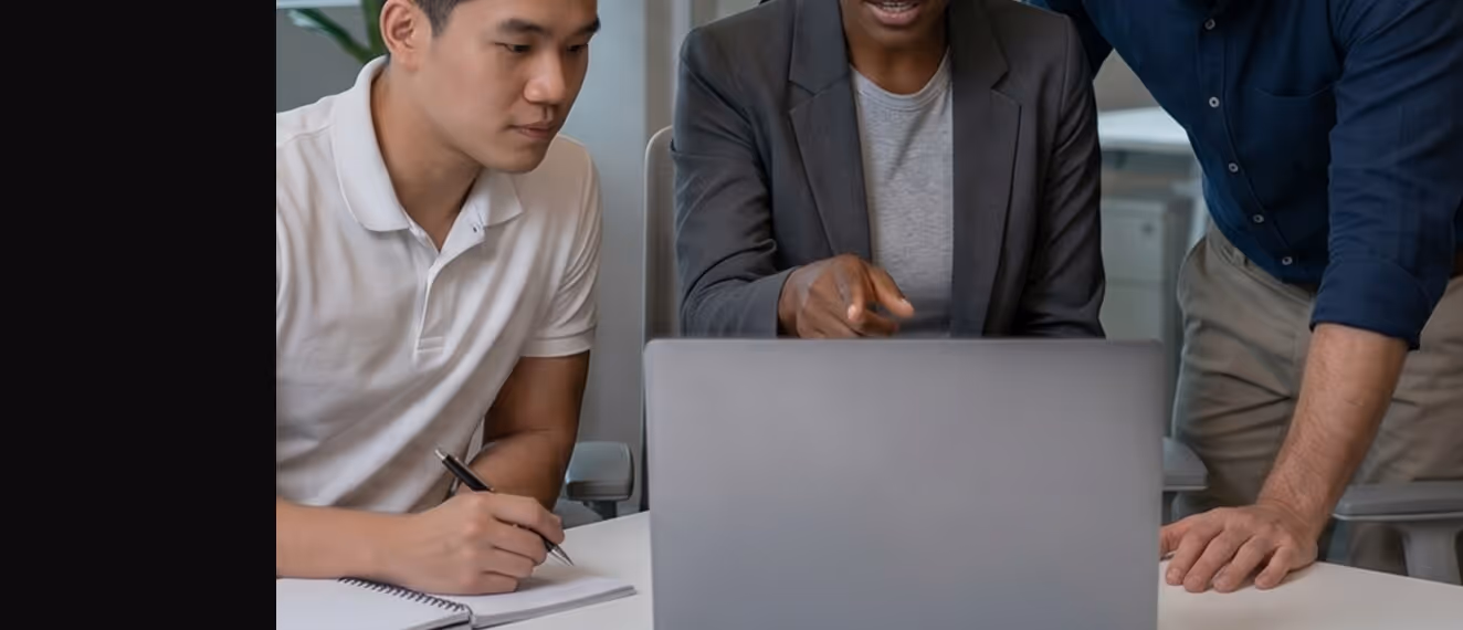 Colleagues collaborating around a laptop during a training session