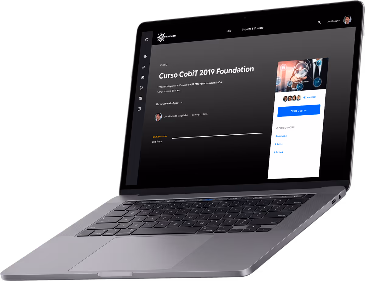 Laptop showing the “Curso CobiT 2019 Foundation” course on the PMG Academy dashboard