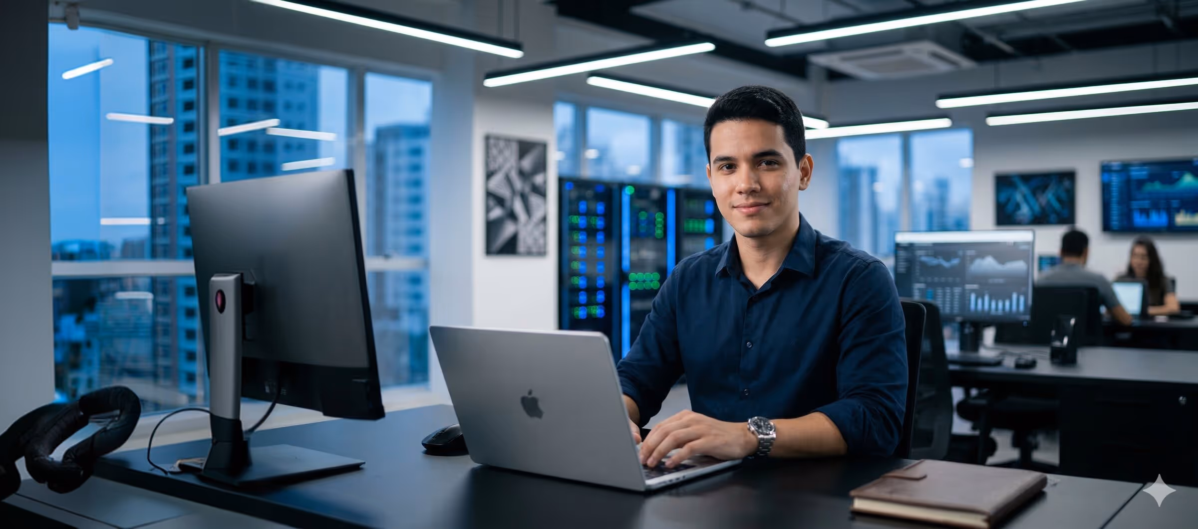 IT manager working on a laptop in a modern server room
