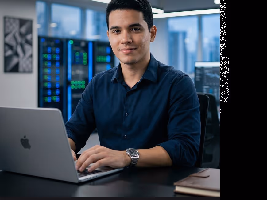 IT manager working on a laptop in a modern server room